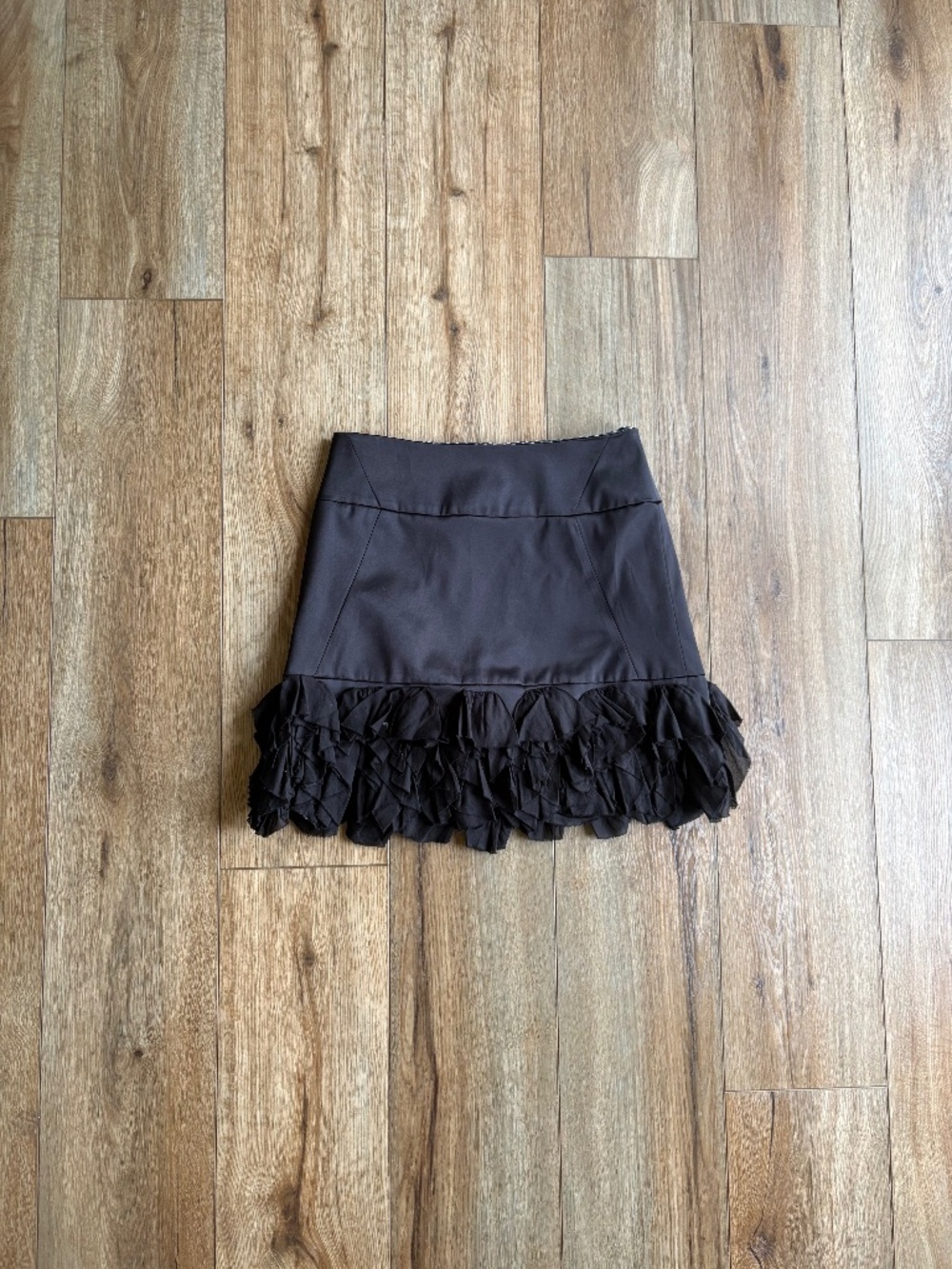 Plastic Island Black Satin Mini Skirt With Ruffle Hem Women’s Size Small